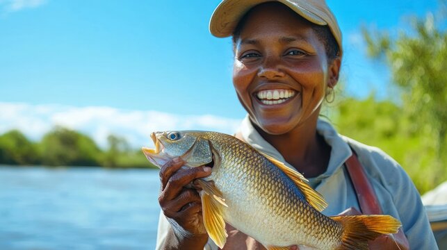 Woman holding fish and smiling